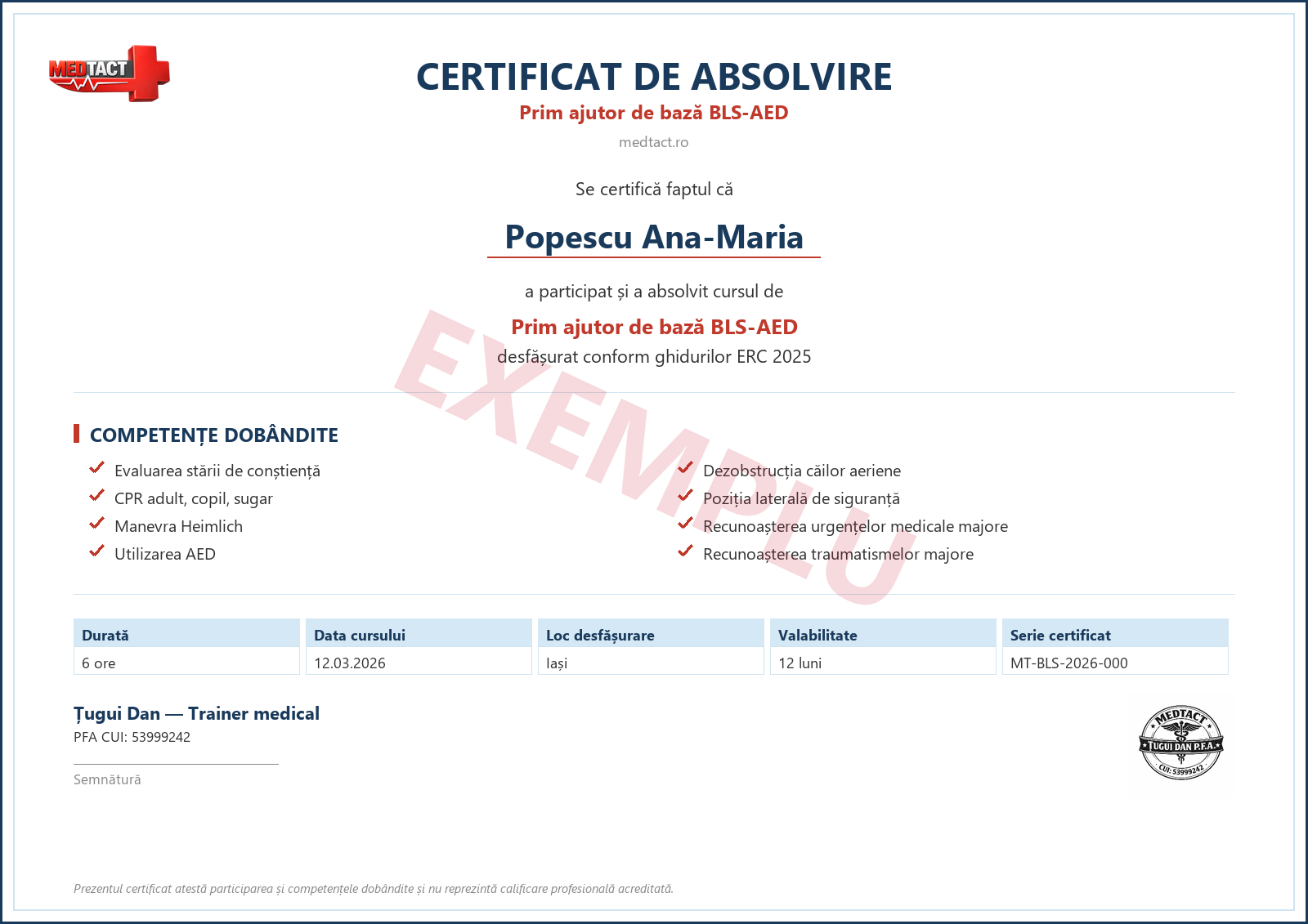 Exemplu de certificat MEDTACT de absolvire a cursului de prim ajutor BLS-AED